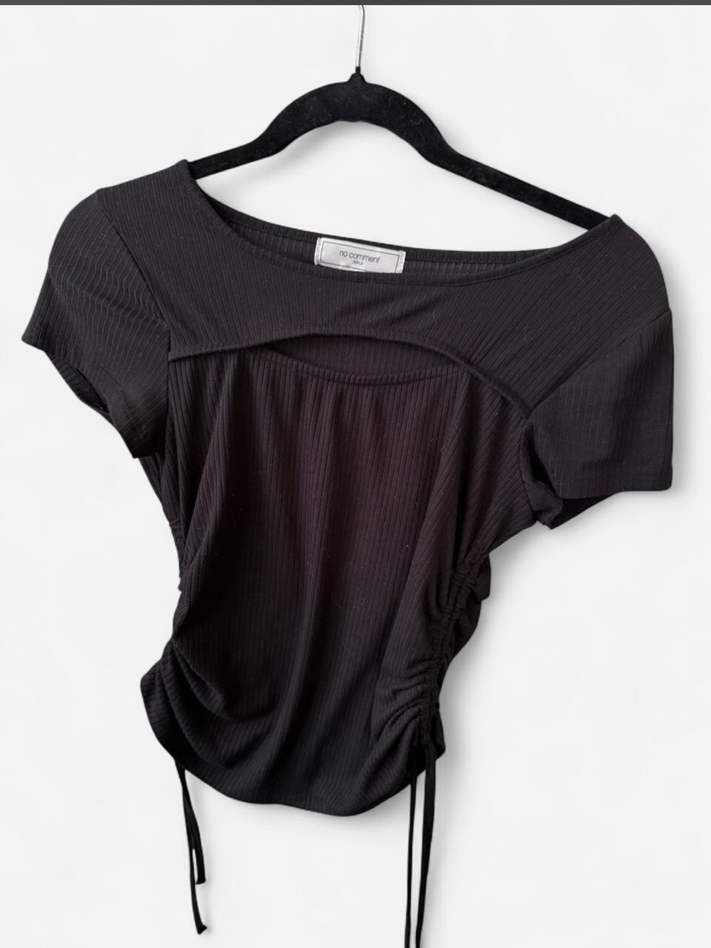 No Comment Black Ribbed Drawstring Short Sleeve Top - Picture 1 of 3